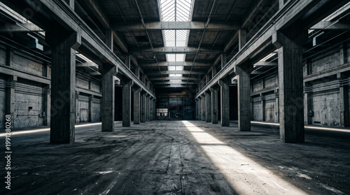 Empty industrial warehouse with concrete pillars and dramatic natural sunlight