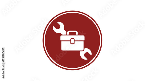 A white icon of a toolbox with two wrenches on a dark red circular background.