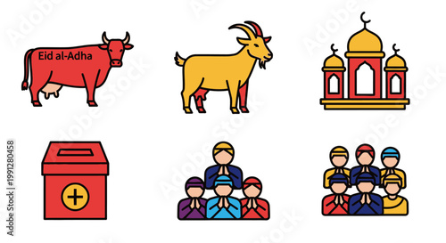 Eid al Adha icon set featuring mosque cow and goat