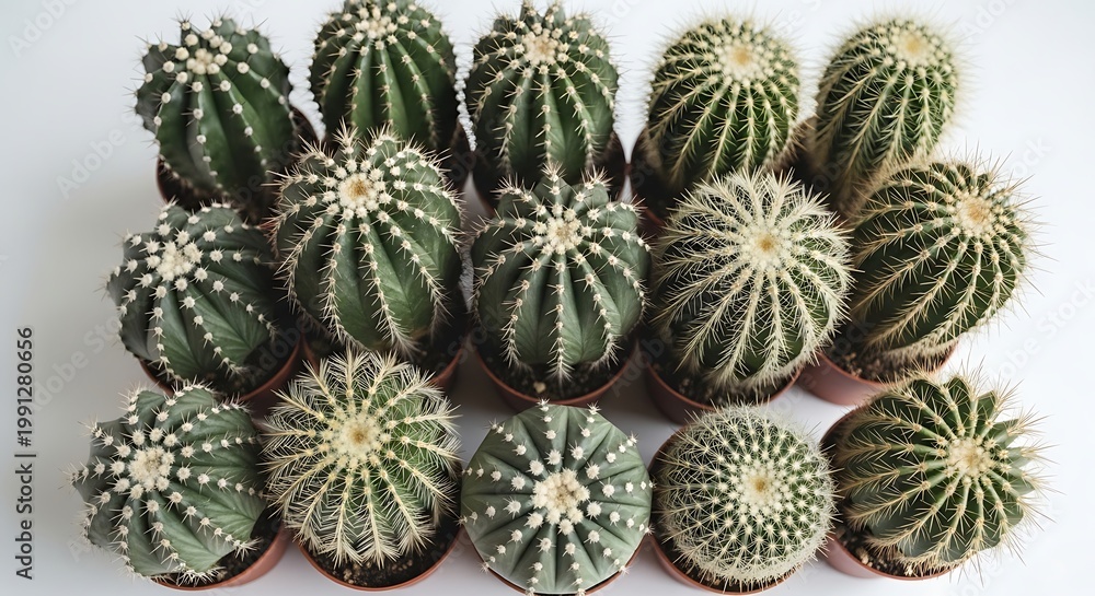 Fototapeta premium Collection of small green cacti plants.