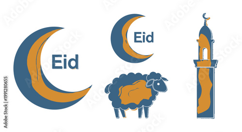 Eid al Adha icons with crescent moon and sheep