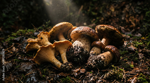 Fresh porcini and chanterelle mushrooms on dark forest floor in sunbeams