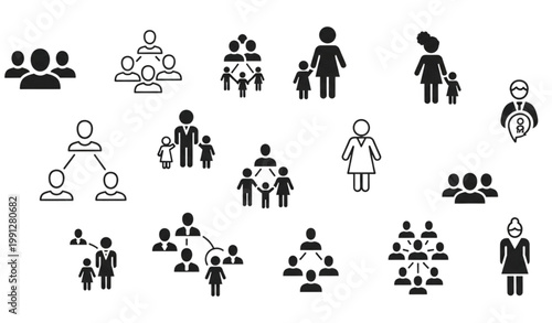 Human and community solid glyph icon collection with group family team friends population and senior symbols in modern vector style on white background