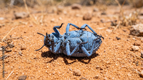 Blue death-feigning beetle lying upside down on red desert sand
