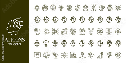 Artificial Intelligence Icon Set with AI Brain, Machine Learning, Robot, Data Network and Futuristic Technology Vector Collection