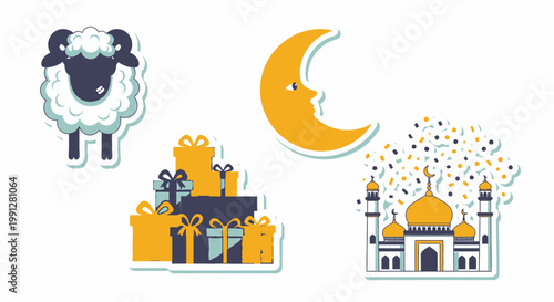 Eid al Adha sticker set with sheep moon and mosque