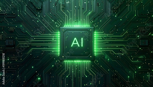 Futuristic AI chip glowing on circuit board techs.