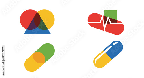 Flat colorful healthcare icons featuring pills and heartbeat line
