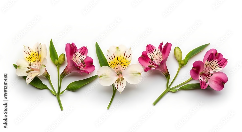 Fototapeta premium Colorful flowers on green stems isolated.