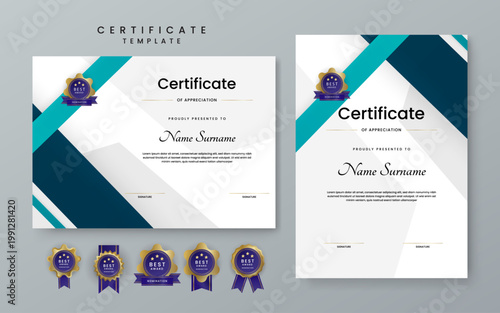 Unique certificate template design with dark blue and teal diagonal stripes and gold nomination badge for professional recognition