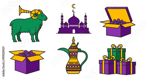 Eid celebration icons featuring ram mosque dates and gift boxes