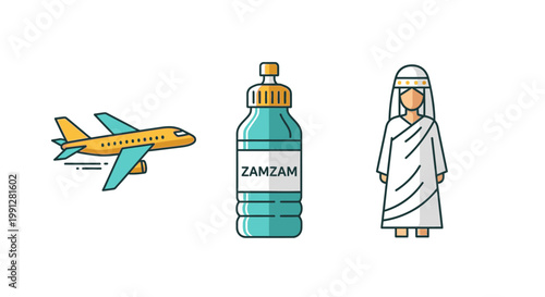 Flat icons of Hajj Umrah pilgrim airplane and Zamzam bottle