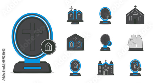 Flat icons of tombstones and religious church buildings