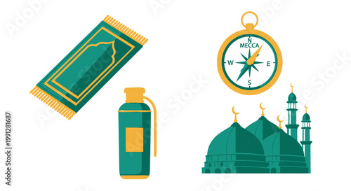 Flat illustration of Islamic prayer rug mosque and qibla compass