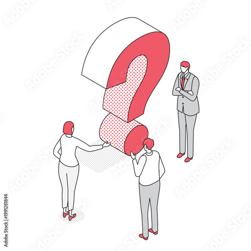 巨大なクエスチョンマークを囲む3人のビジネスパーソンのアイソメトリック線画イラスト