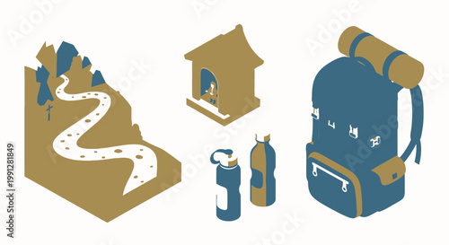 Flat isometric hiking and camping gear icons set
