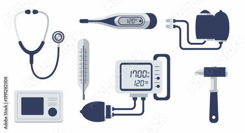 Flat medical equipment icons including stethoscope and thermometer