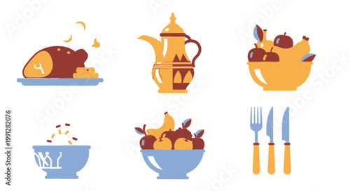 Flat minimalist food and dining icon set on white background