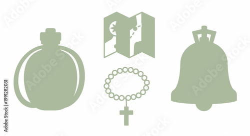 Flat minimalist icons of canteen map rosary and bell