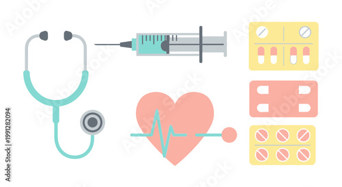 Flat medical icon set with stethoscope syringe and medicine pills