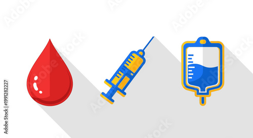 Flat medical icons of blood drop syringe and IV bag