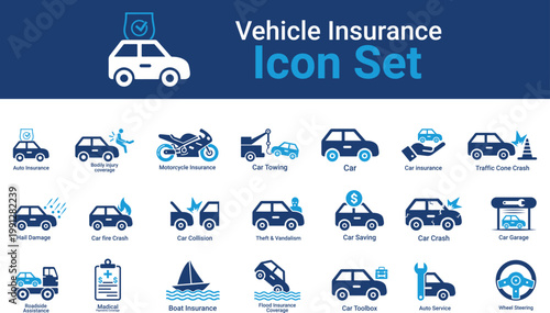 A comprehensive vehicle insurance vector icon set featuring car, truck, motorcycle, accident, claim, policy, and coverage symbols