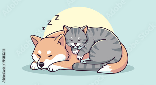 Cute cartoon illustration of a dog and cat sleeping together.
