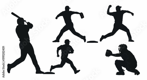 Versatile vector silhouettes depicting essential baseball player actions, including batter, pitcher, catcher, and runner, capturing the dynamic sporting spirit of the game