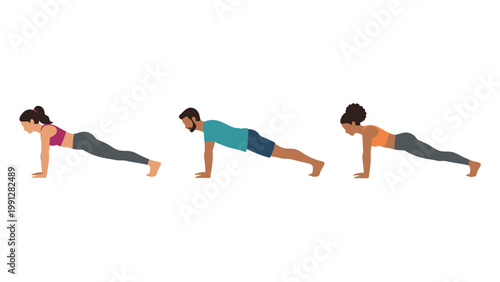 Diverse people demonstrating plank exercise for core strength and fitness. Flat vector illustration of men and women working out.