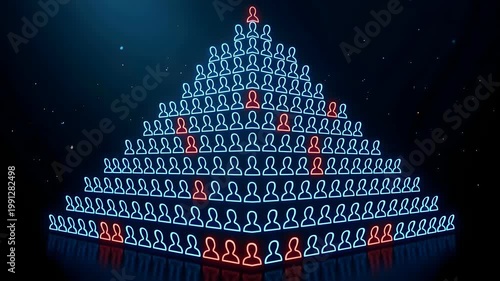 Digital Pyramid Structure Representing Hierarchy With Red Impostor Symbols On Dark Background With Floating Particles And Neon Glow