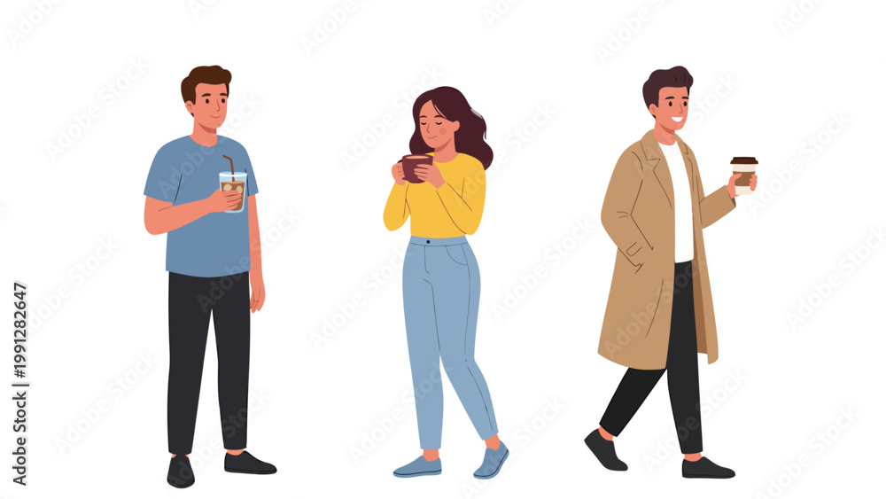 Obraz premium Diverse group of illustrated people enjoying coffee, holding cups, casual lifestyle vector characters on white background