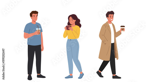 Diverse group of illustrated people enjoying coffee, holding cups, casual lifestyle vector characters on white background