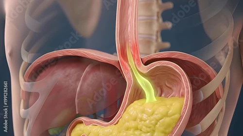 Medical Animation Depicting Acid Reflux Showing Stomach Contents Flowing Upwards Through Esophagus With Realistic Detail And Soft Lighting Against A