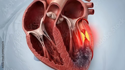 Medical Illustration of a Human Heart Showing Myocardial Infarction and Blocked Artery With Red Glow Highlighting Damage