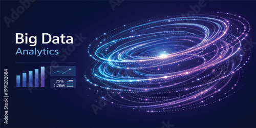 Big Data Analytics Visualization with Glowing Neon Spiral Data Streams, Futuristic Dashboard UI, Digital Data Processing Technology Background with Copy Space