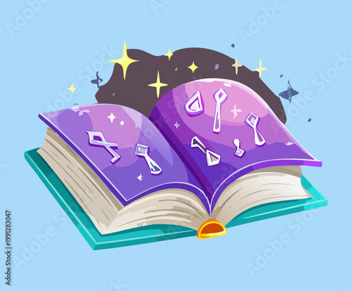 Bild auf Leinwand Open magical book with purple glowing pages for wizard spells and arcane researc