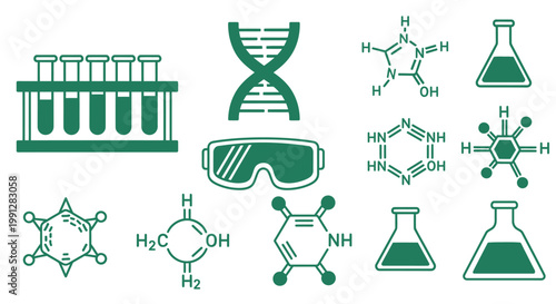 Green chemistry and science icons with molecular structures and equipment