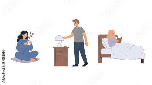 Evening Routine Illustrations: People Relaxing, Winding Down, and Preparing for Sleep with Tea, Reading, and Lights Off
