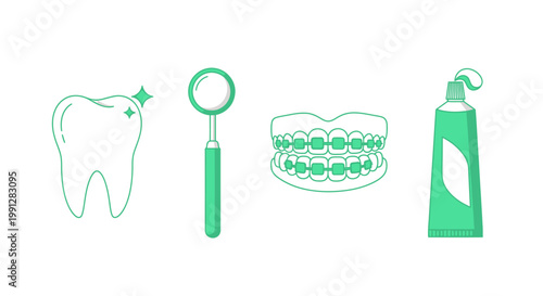 Green dental hygiene icons with tooth mirror braces and toothpaste