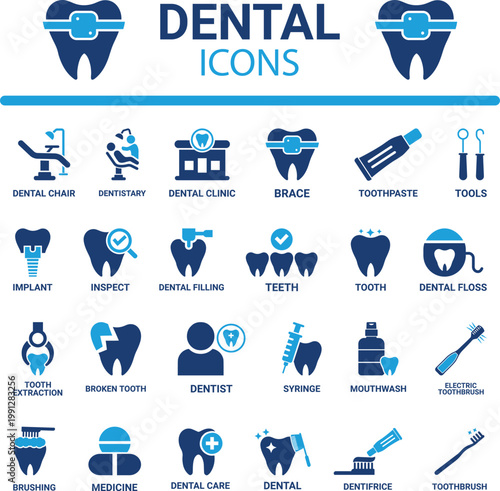 Dental care and oral health vector icon set. Tooth, dentist, dental clinic, teeth, brushing, hygiene and medical symbols