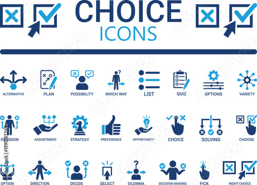 A comprehensive choice vector icon set featuring decision making, options, strategy, planning, and problem solving symbols
