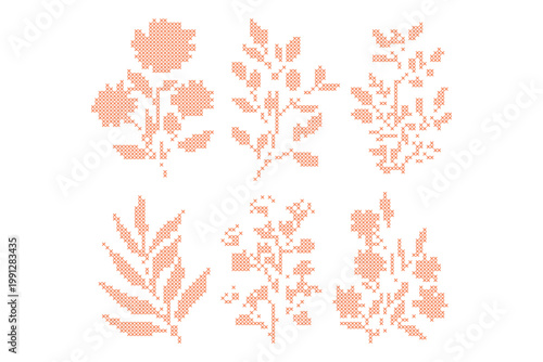 Set of Pink Cross Stitch Floral arr and Botanical Leaves for Embroidery Design Decorative Flower Patterns for Textile and Craft