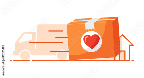 Illustration of a delivery truck carrying a heart branded cardboard package to a house.