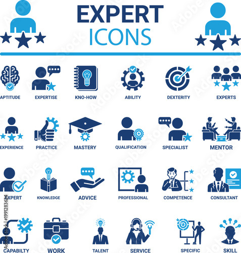 Expert and professionalism vector icon set. Expertise, knowledge, skill, ability, competence, experience, qualification, specialization and career development symbols