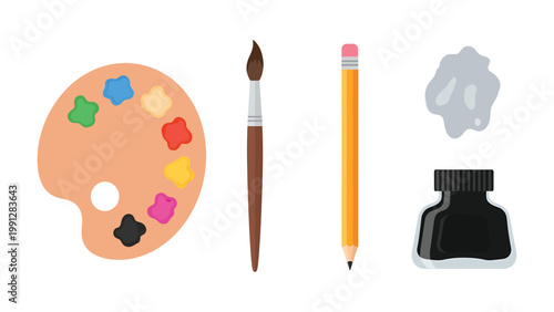 Art supplies flat lay illustration: palette, paintbrush, pencil, eraser, ink bottle for drawing and painting