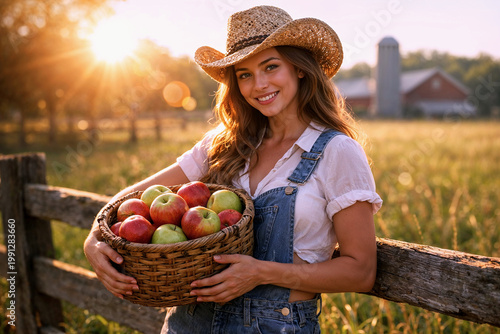 smiling farm woman standing next to wooden split-rail fence and fields of crops holding basket of apples