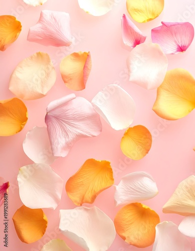 Rose petals on pink background scattered.