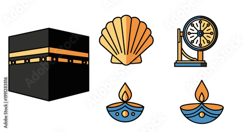 Icons of Kaaba seashell spinning wheel and diya lamps