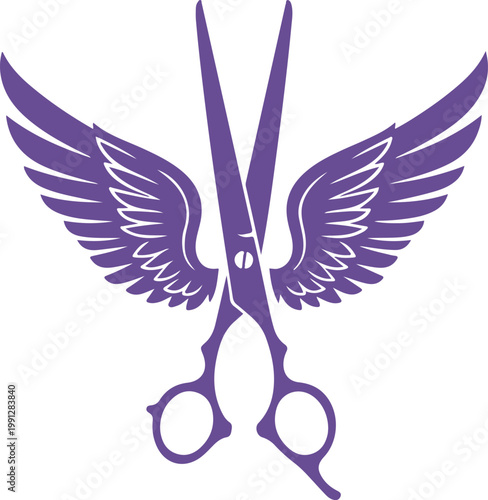 Purple stylized illustration of scissors cutting through a bird with outspread wings isolated on transparent background