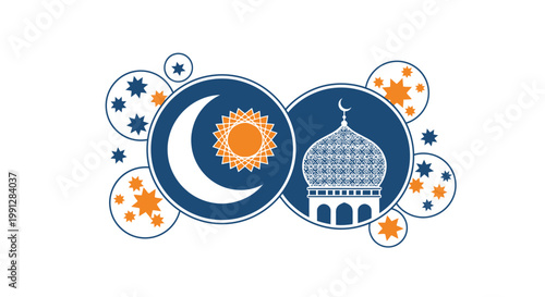 Islamic crescent moon and mosque dome vector illustration on white